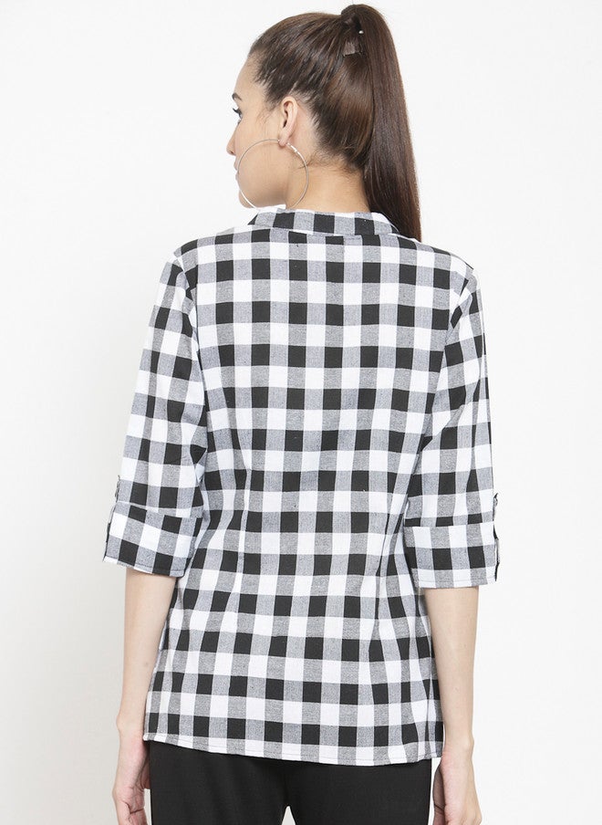 Indietoga Checked Slim Fit Mandarin Collar Casual Cotton Shirt - Image 4